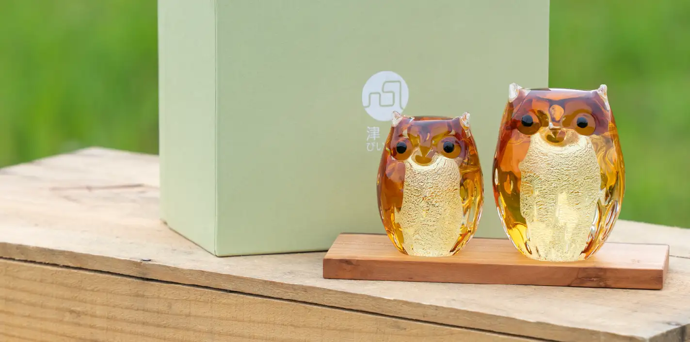 津軽びいどろ伝統工芸ふくろう子ふくろう2点セット